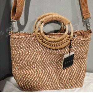 America & Beyond Brown Silver Tote Bag Round Wood Handles Woven Jute  Boho NWT